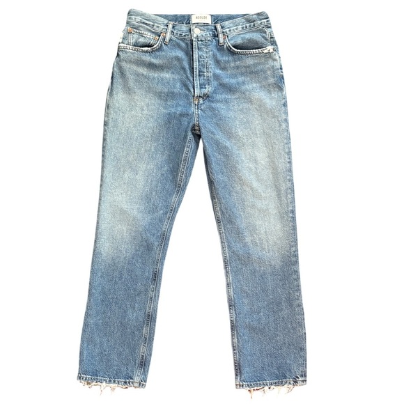AGOLDE Riley Crop High Rise Straight Leg Medium Blue Fray Hem Denim Jean Size 28 - Picture 2 of 12